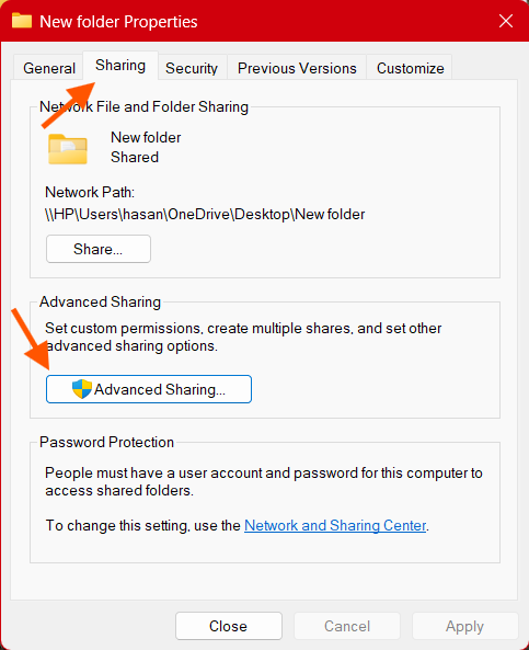 مشاركة المجلد في ويندوز