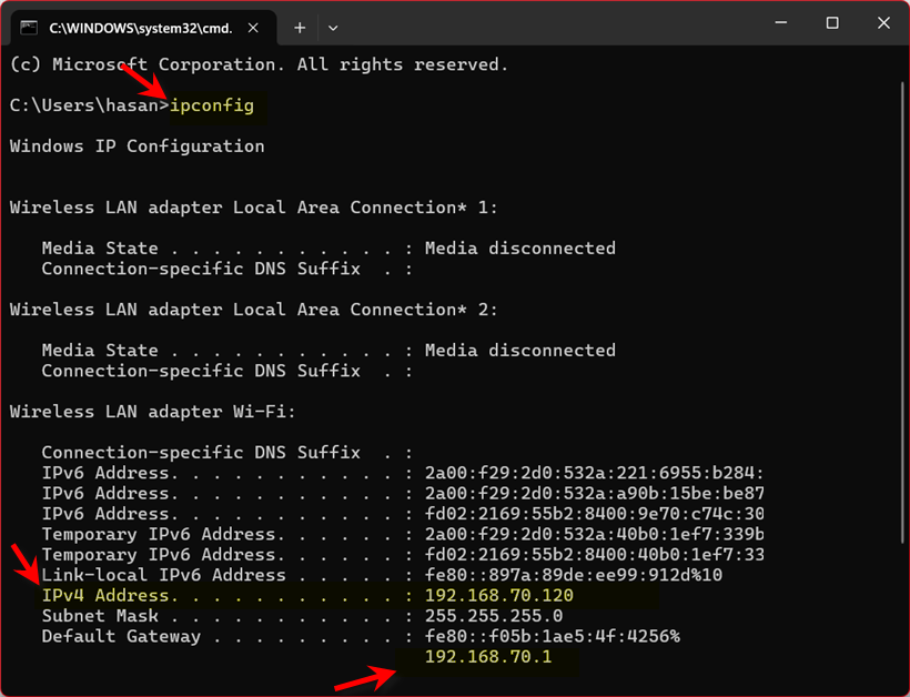 معرفة عنوان IP عن طريق موجع الأوامر