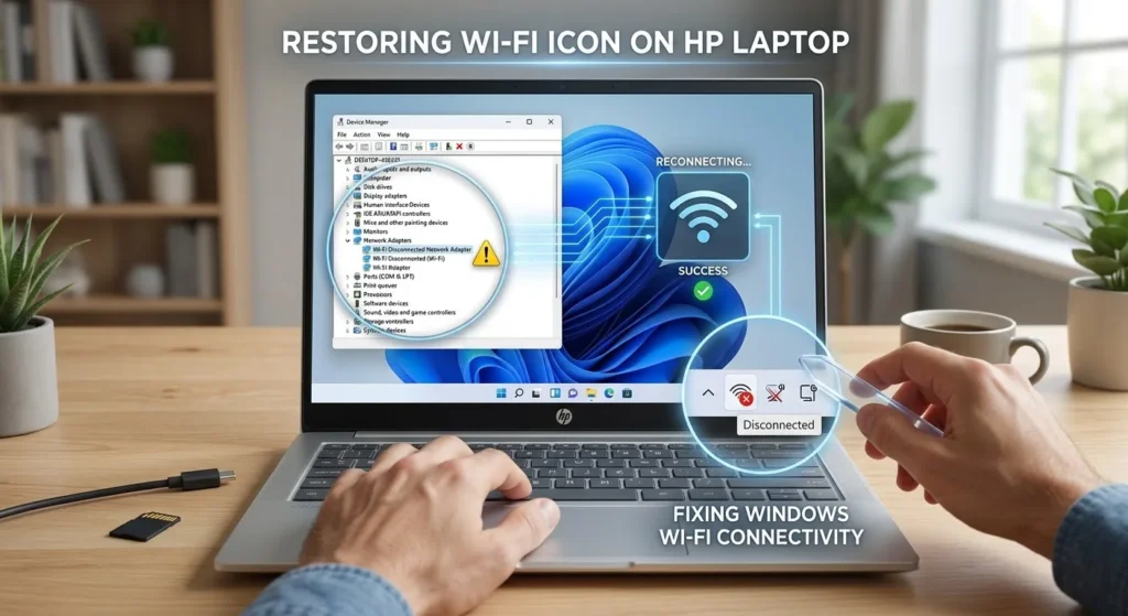 حل مشكلة اختفاء أيقونة الواي فاي في لاب توب HP بنظام ويندوز