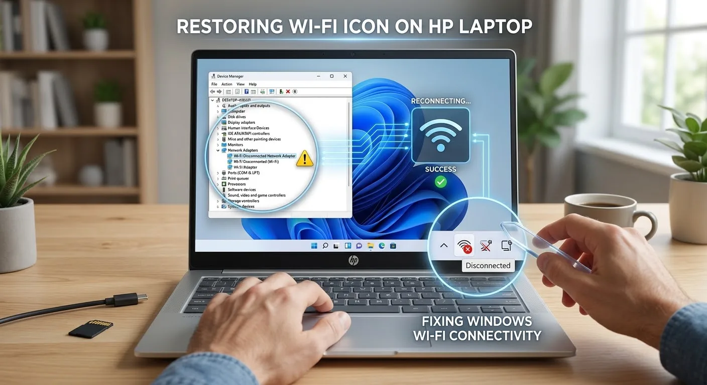 حل مشكلة اختفاء أيقونة الواي فاي في لاب توب HP بنظام ويندوز