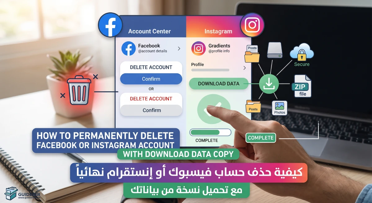 كيفية حذف حساب فيسبوك أو إنستقرام نهائياً مع تحميل نسخة من بياناتك